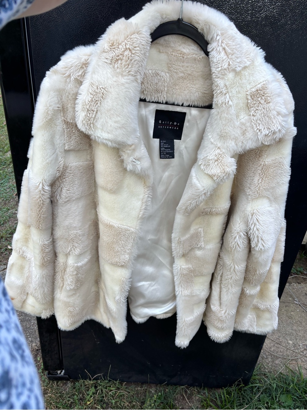 VTG Tally-Ho Patchwork Faux Fur Jacket Cream Beige Chunky Collar XL